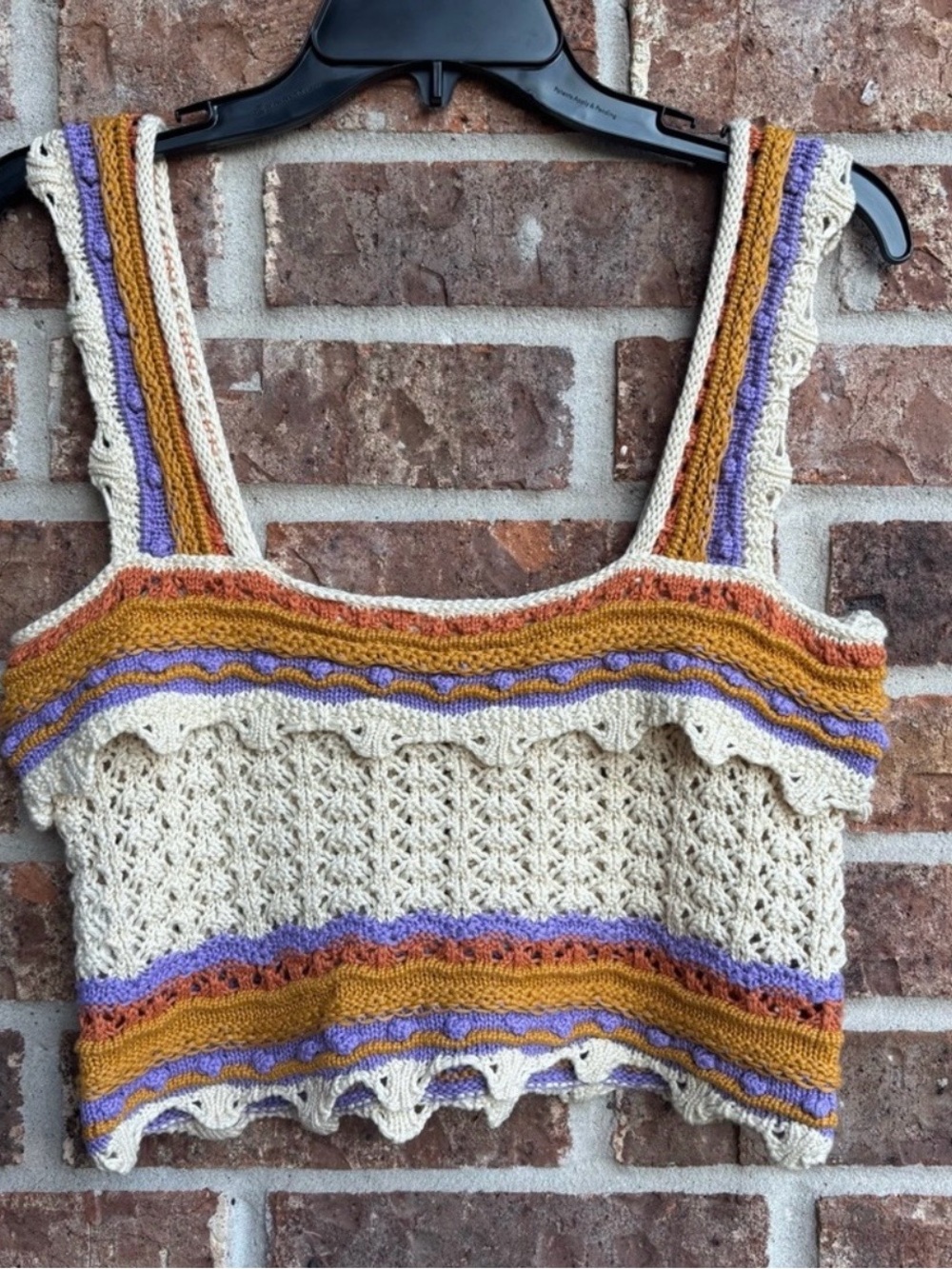 JUNE & HUDSON Crochet Crop Tank in Cream, Mustard & Lavender